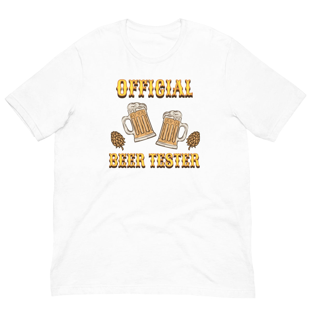 White T-shirt with front “OFFICIAL BEER TESTER” beer mug graphic in orange and cream.