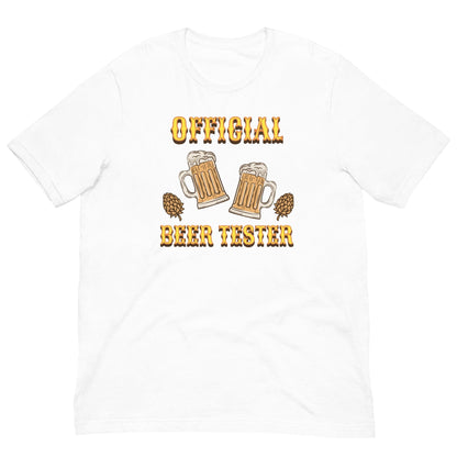 White T-shirt with front “OFFICIAL BEER TESTER” beer mug graphic in orange and cream.