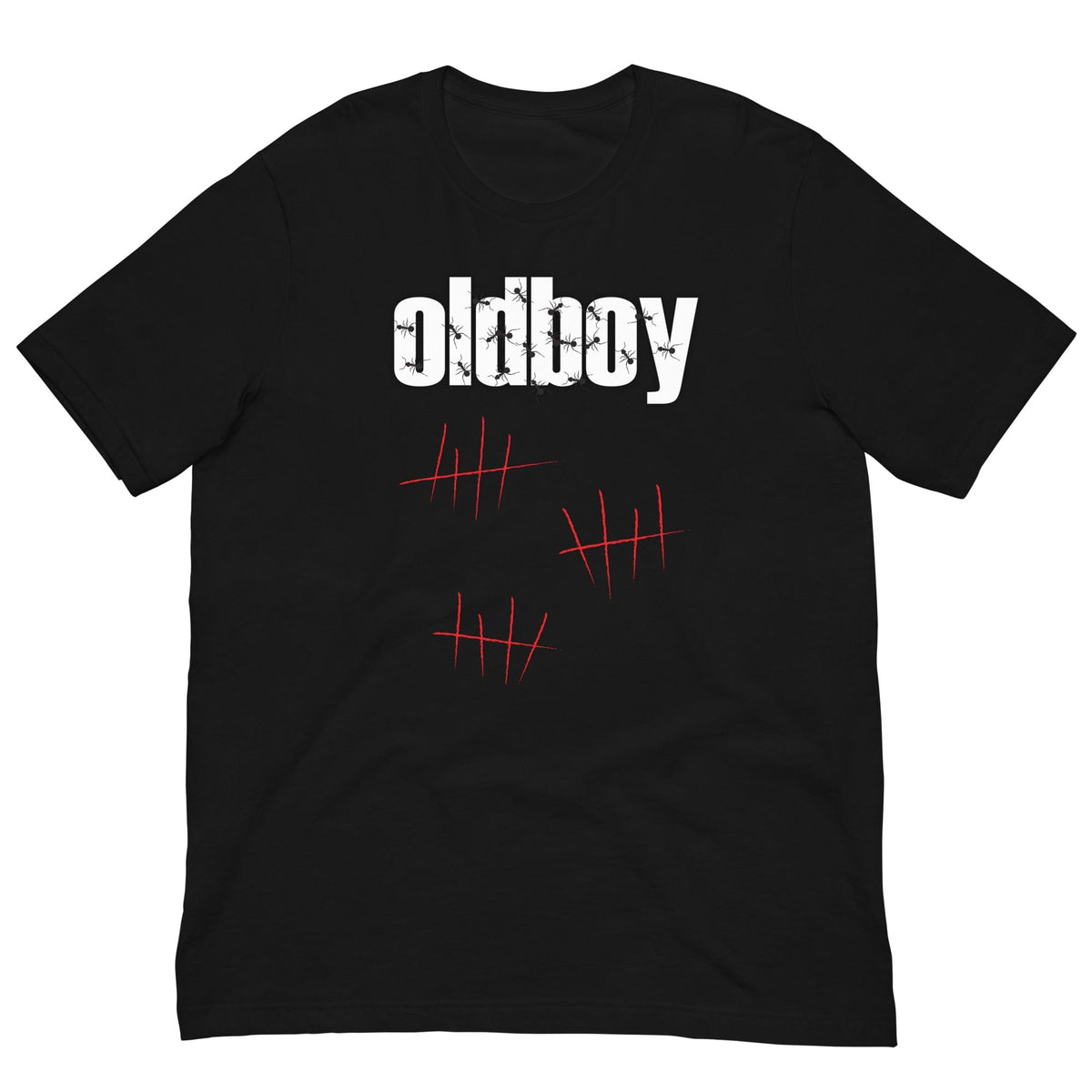 Black graphic T-shirt with Oldboy logo and red line art on the chest.
