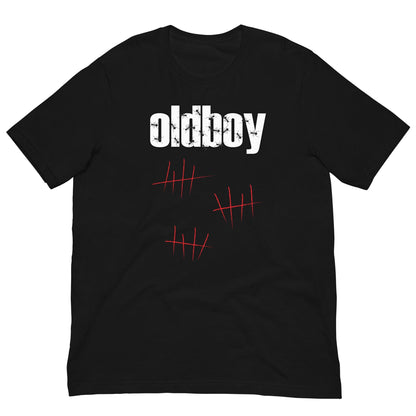 Black graphic T-shirt with Oldboy logo and red line art on the chest.