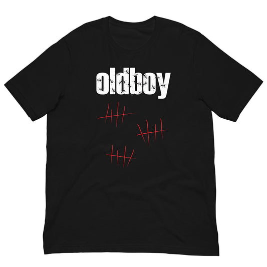 Black graphic T-shirt with Oldboy logo and red line art on the chest.