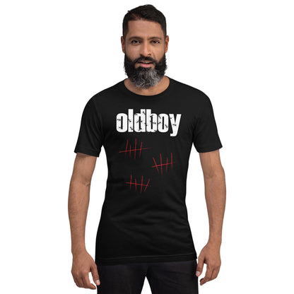 Black graphic T-shirt with Oldboy logo and red line art across the front.
