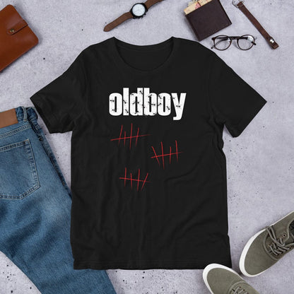 Black graphic T-shirt with Oldboy logo and red line art on the chest.