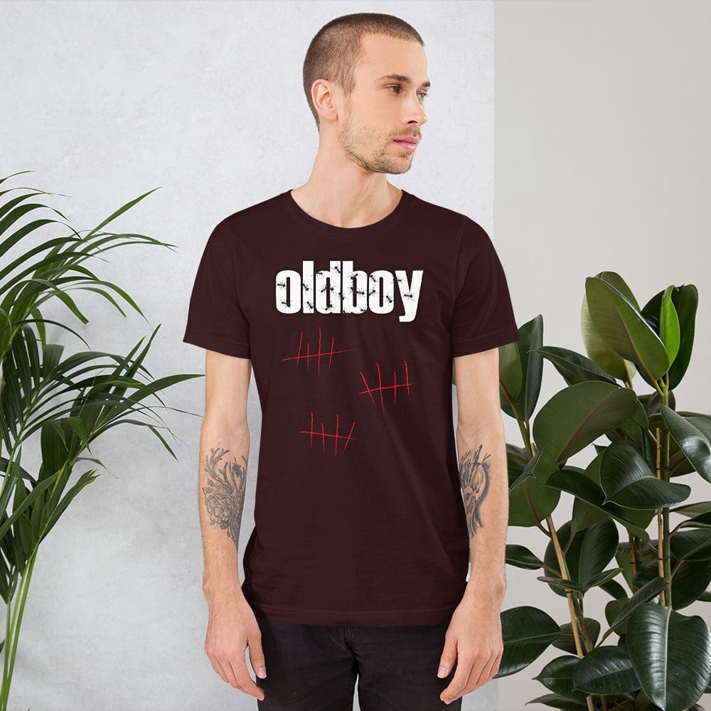 Burgundy graphic T-shirt with Oldboy logo and red line art on the chest.