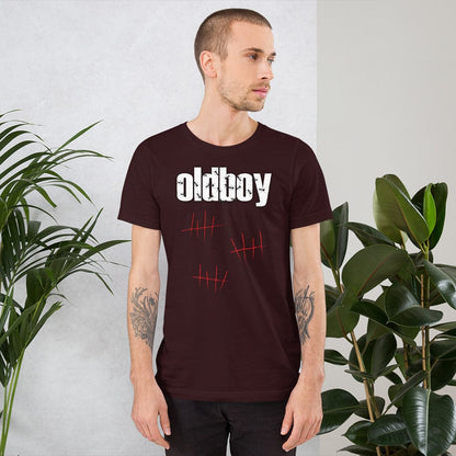 Burgundy graphic T-shirt with Oldboy logo and red line art on the chest.