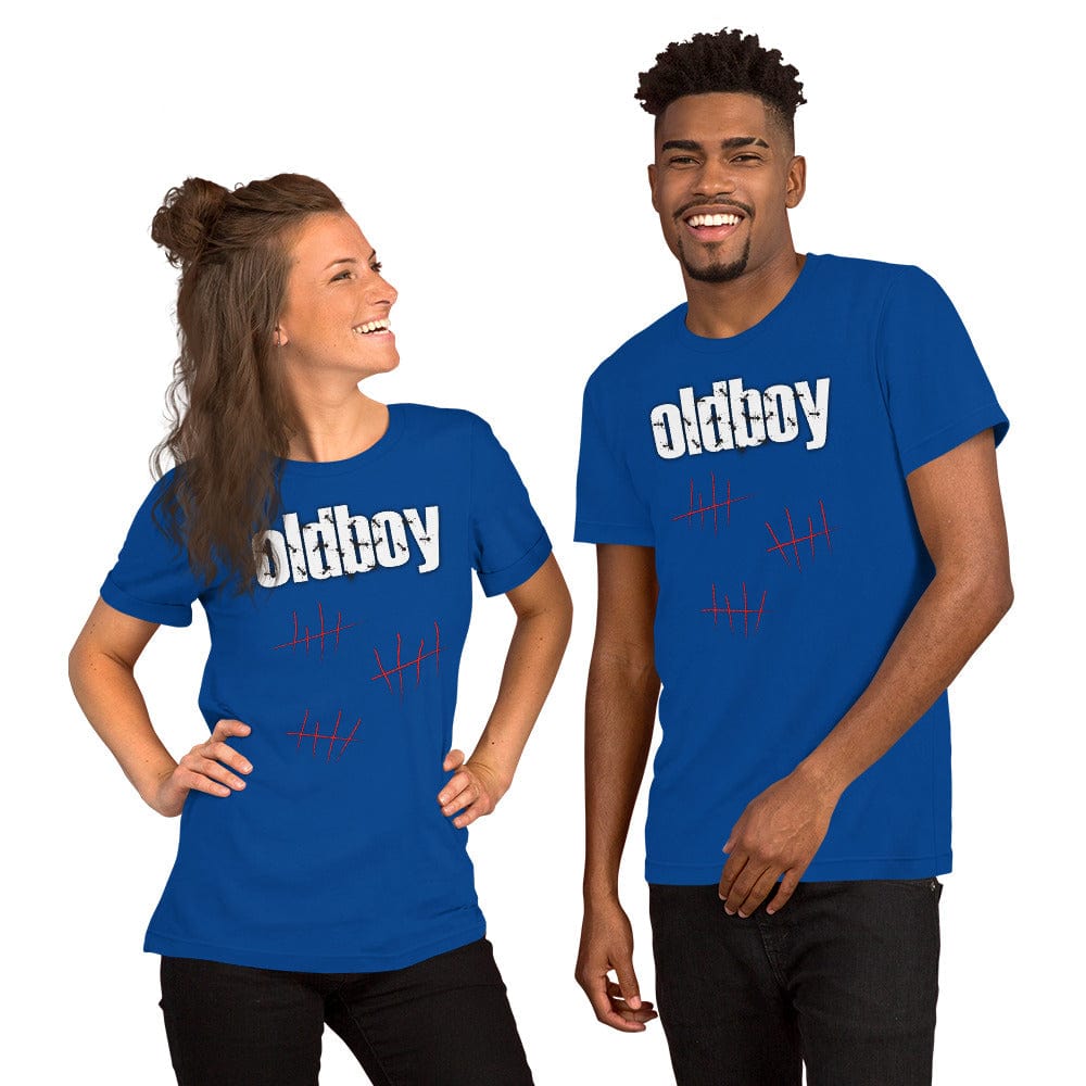 Blue graphic T-shirt with Oldboy logo and red line art on the chest.