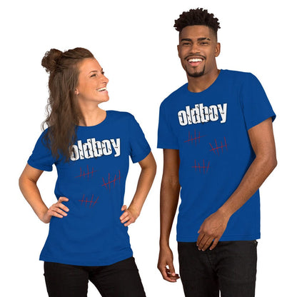Blue graphic T-shirt with Oldboy logo and red line art on the chest.