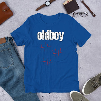 Royal blue graphic T-shirt with Oldboy logo and red line art on the chest.
