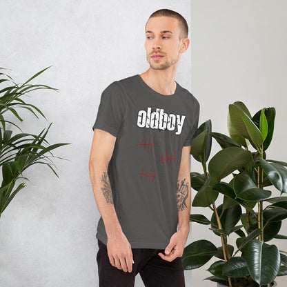 Dark gray graphic T-shirt with Oldboy logo and red line art on the chest.
