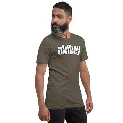 Olive graphic T-shirt with Oldboy logo and red line art on the chest.