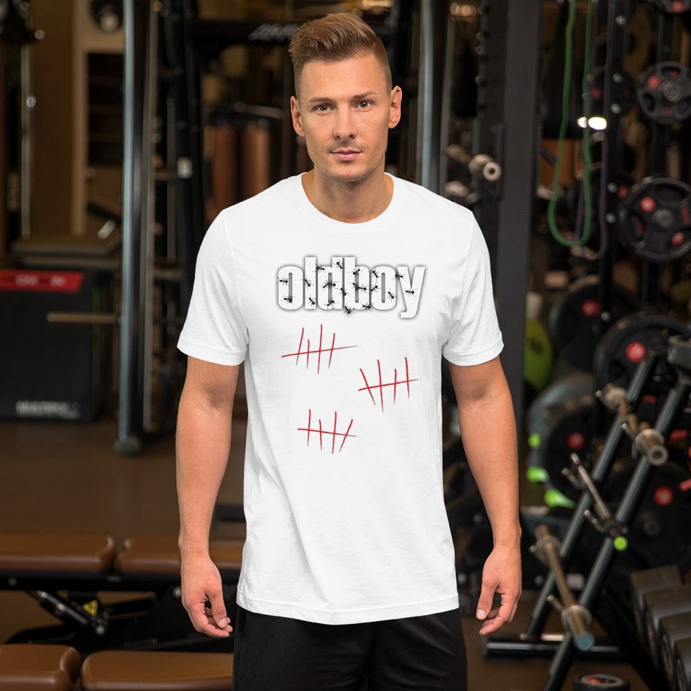 White graphic T-shirt with Oldboy logo and red line art on the chest.