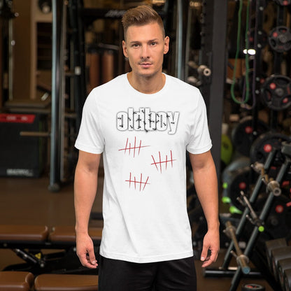 White graphic T-shirt with Oldboy logo and red line art on the chest.