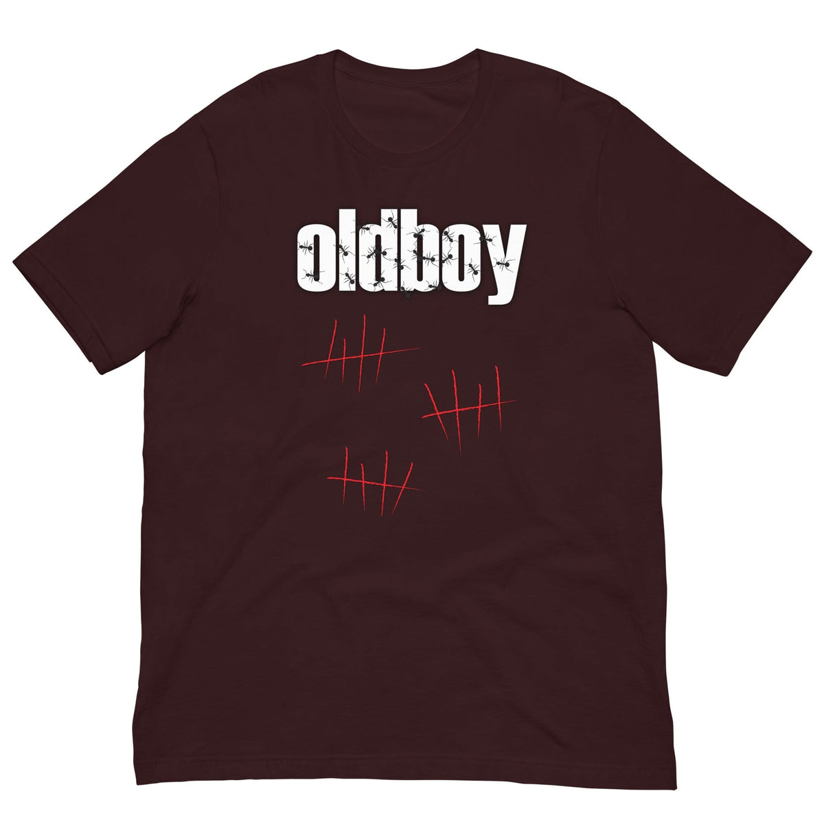 Graphic T-shirt in dark maroon/burgundy with Oldboy text and red hatch marks