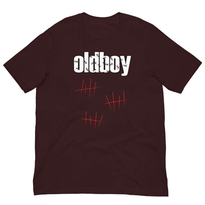 Graphic T-shirt in dark maroon/burgundy with Oldboy text and red hatch marks