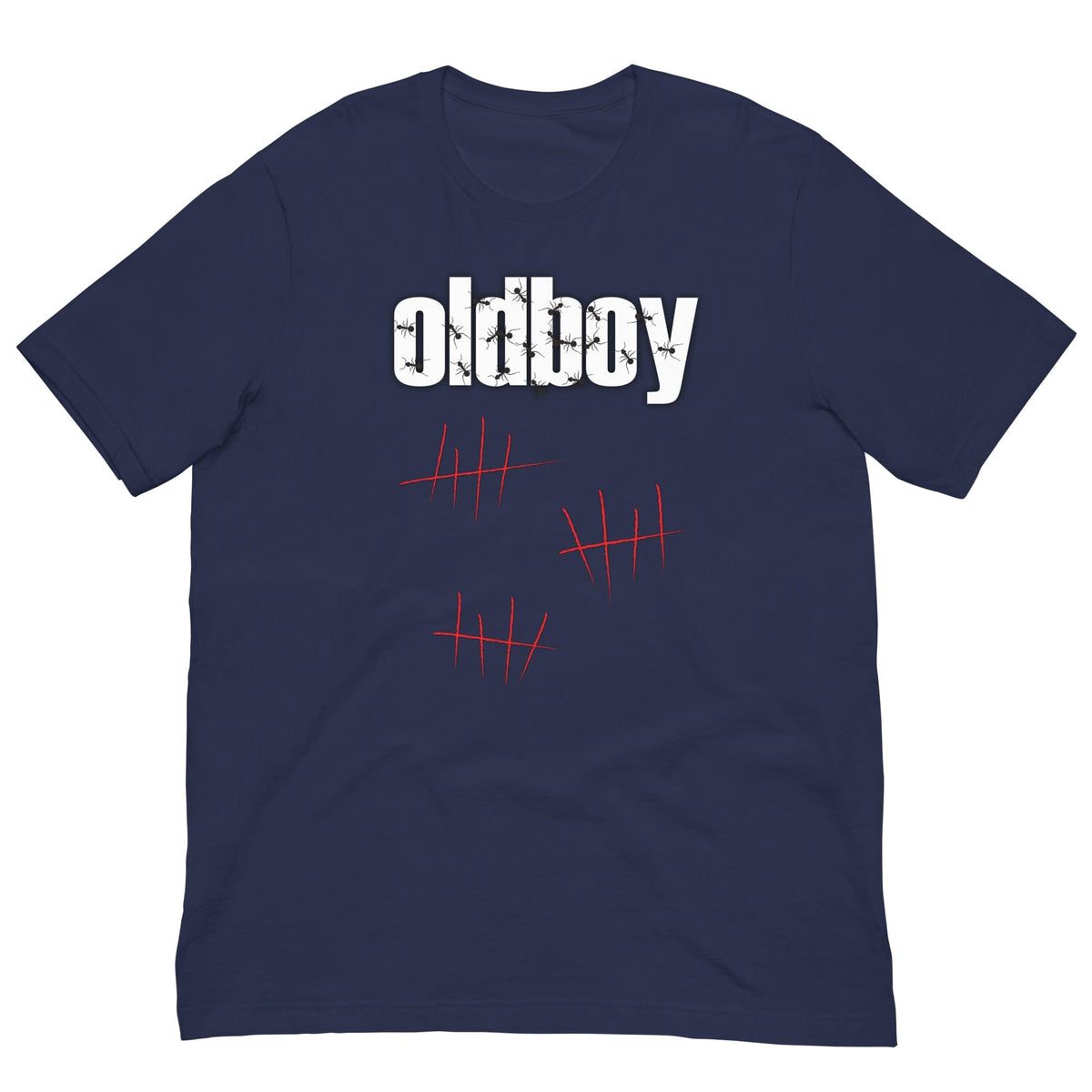 Graphic T-shirt in navy with Oldboy text and red hatch-mark design
