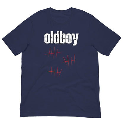 Graphic T-shirt in navy with Oldboy text and red hatch-mark design