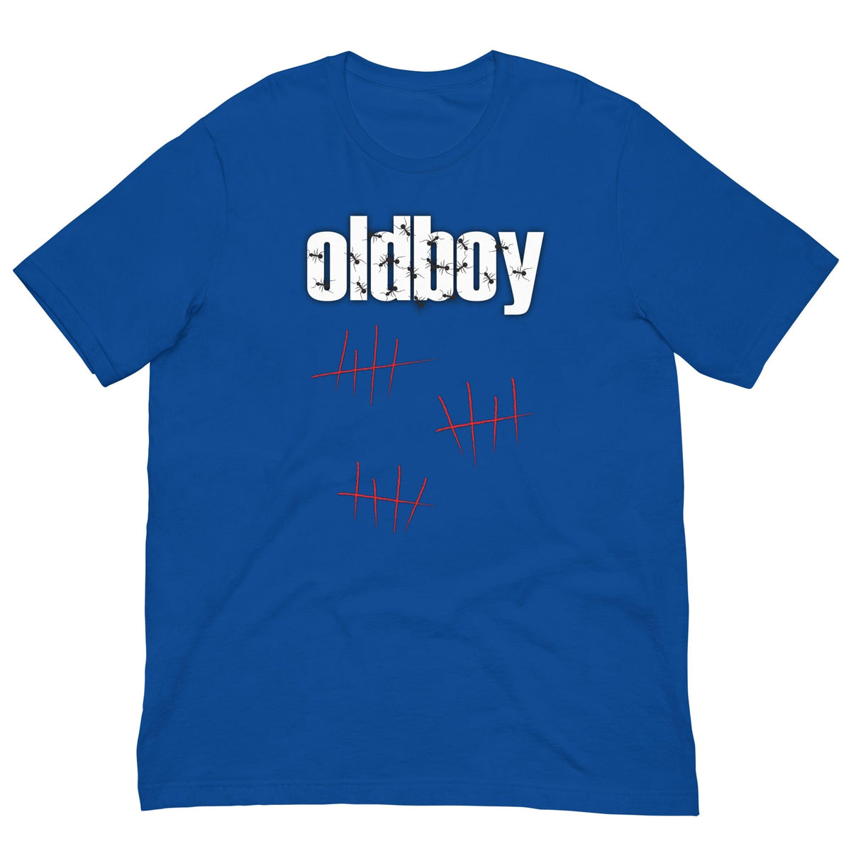 Graphic T-shirt in royal blue with Oldboy text and red hatch marks