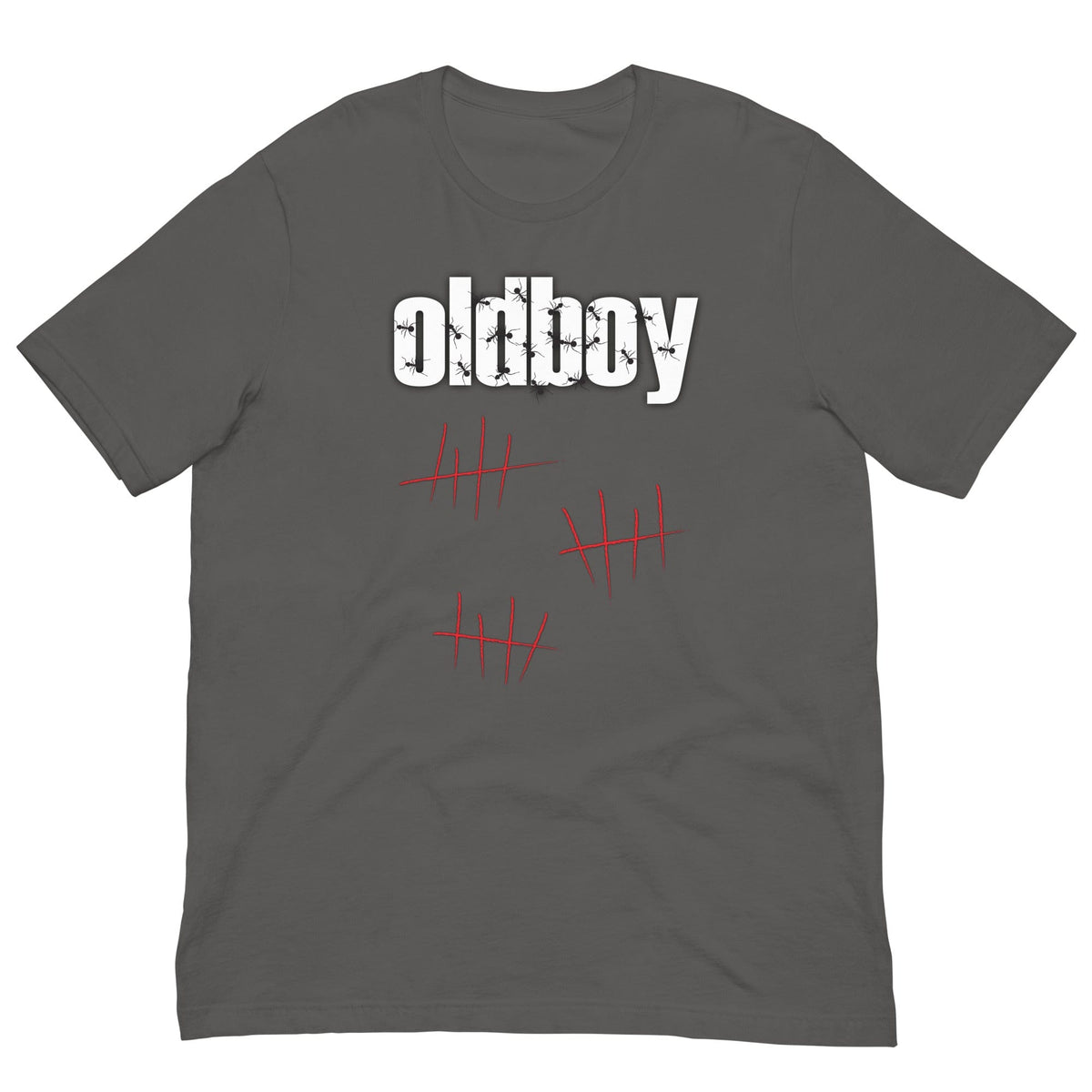 Graphic T-shirt in dark gray with Oldboy text and red hatch marks