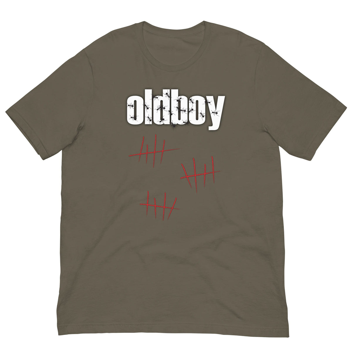 Graphic T-shirt in olive/army green with Oldboy text and red hatch marks