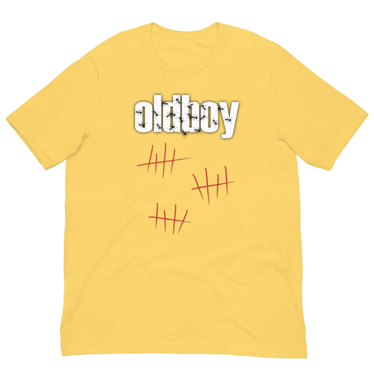 Graphic T-shirt in mustard yellow with Oldboy text and red hatch marks