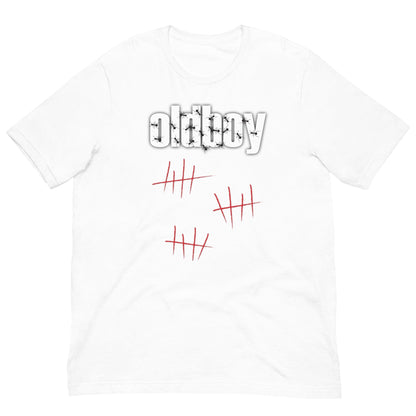 Graphic T-shirt in white with Oldboy text and red hatch-mark design