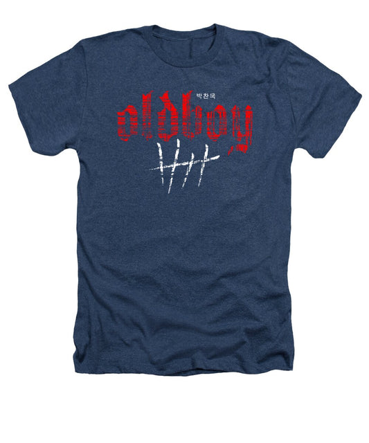 Navy crewneck T-shirt with red and white front graphic print