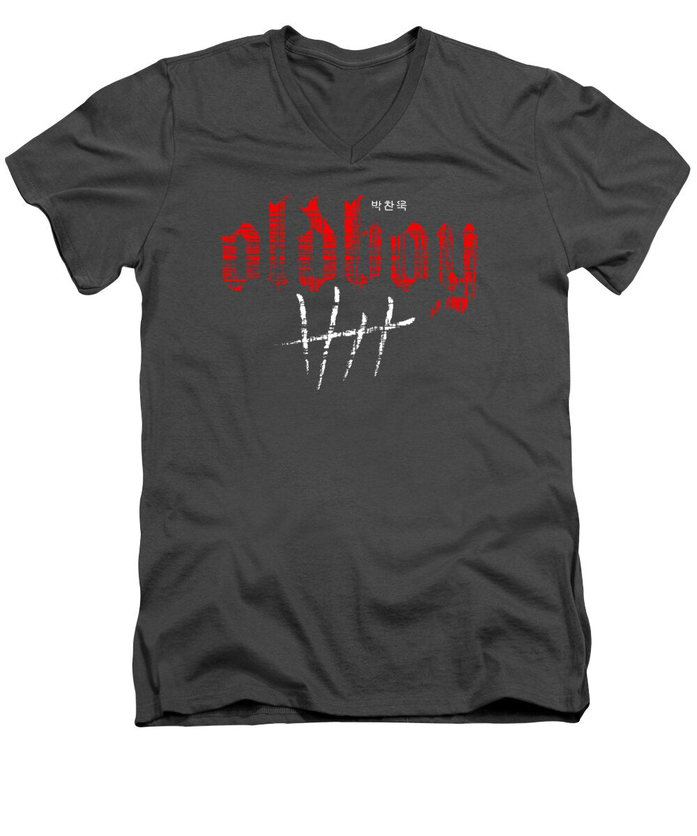 Men's charcoal gray V-neck T-shirt with red Oldboy graphic front