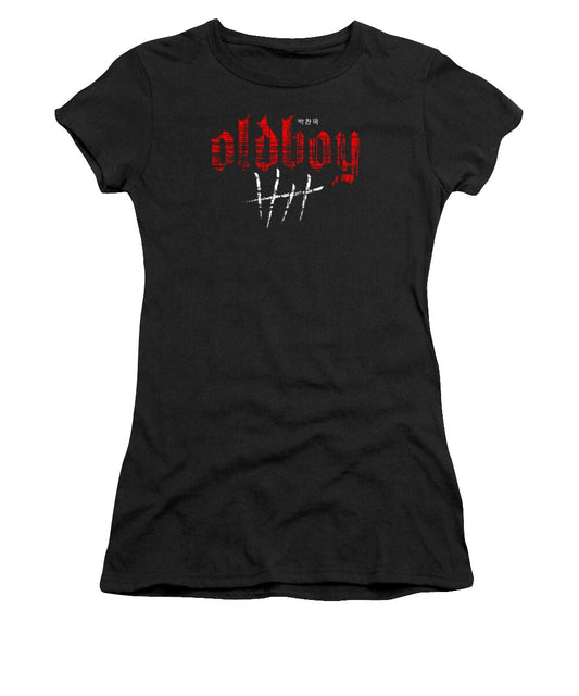 Women's black T-shirt with front graphic in red and gray