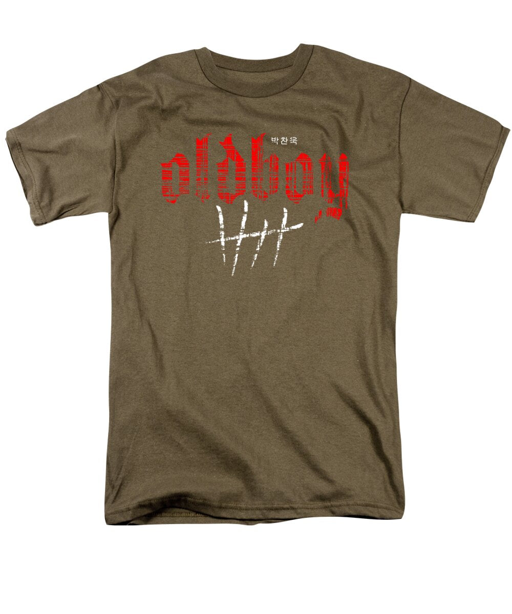 Men's T-shirt, olive with red graphic and white cross print at center.