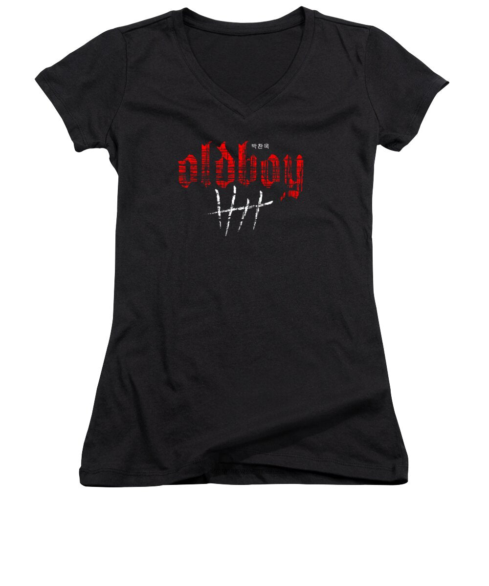Women's V-neck T-shirt, black with red graphic print front