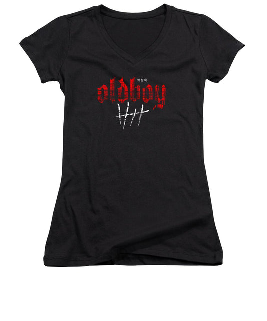 Women's V-neck T-shirt, black with red graphic print front