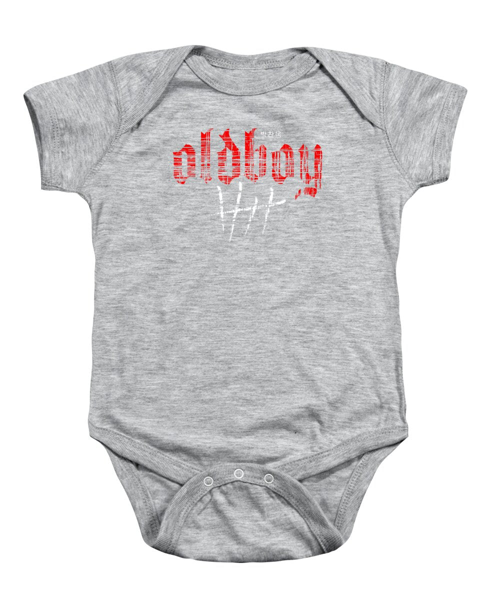 Heather gray baby onesie with front graphic print and snap-button bodysuit closure