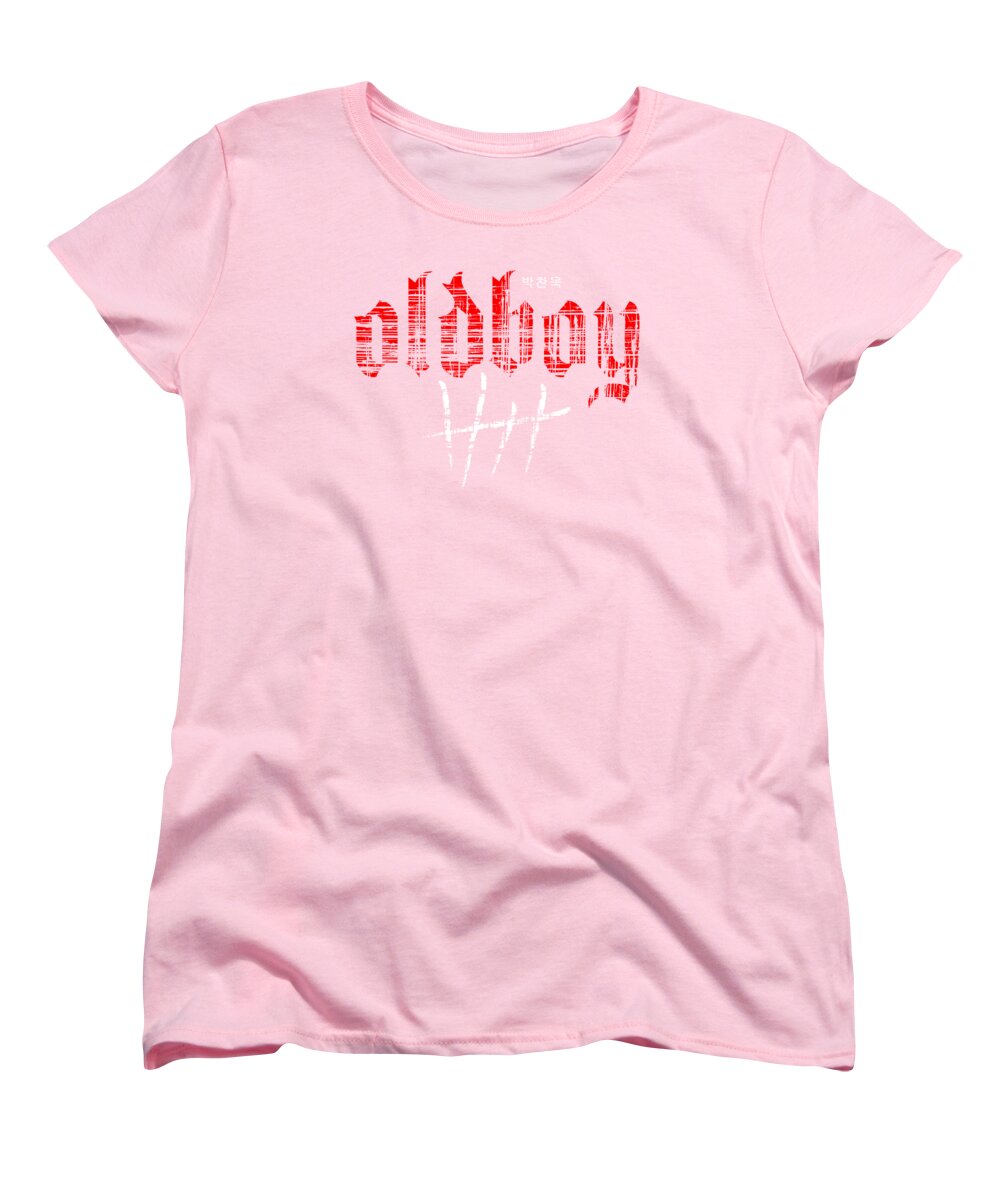 Pink women's crew-neck T-shirt with red Oldboy graphic print