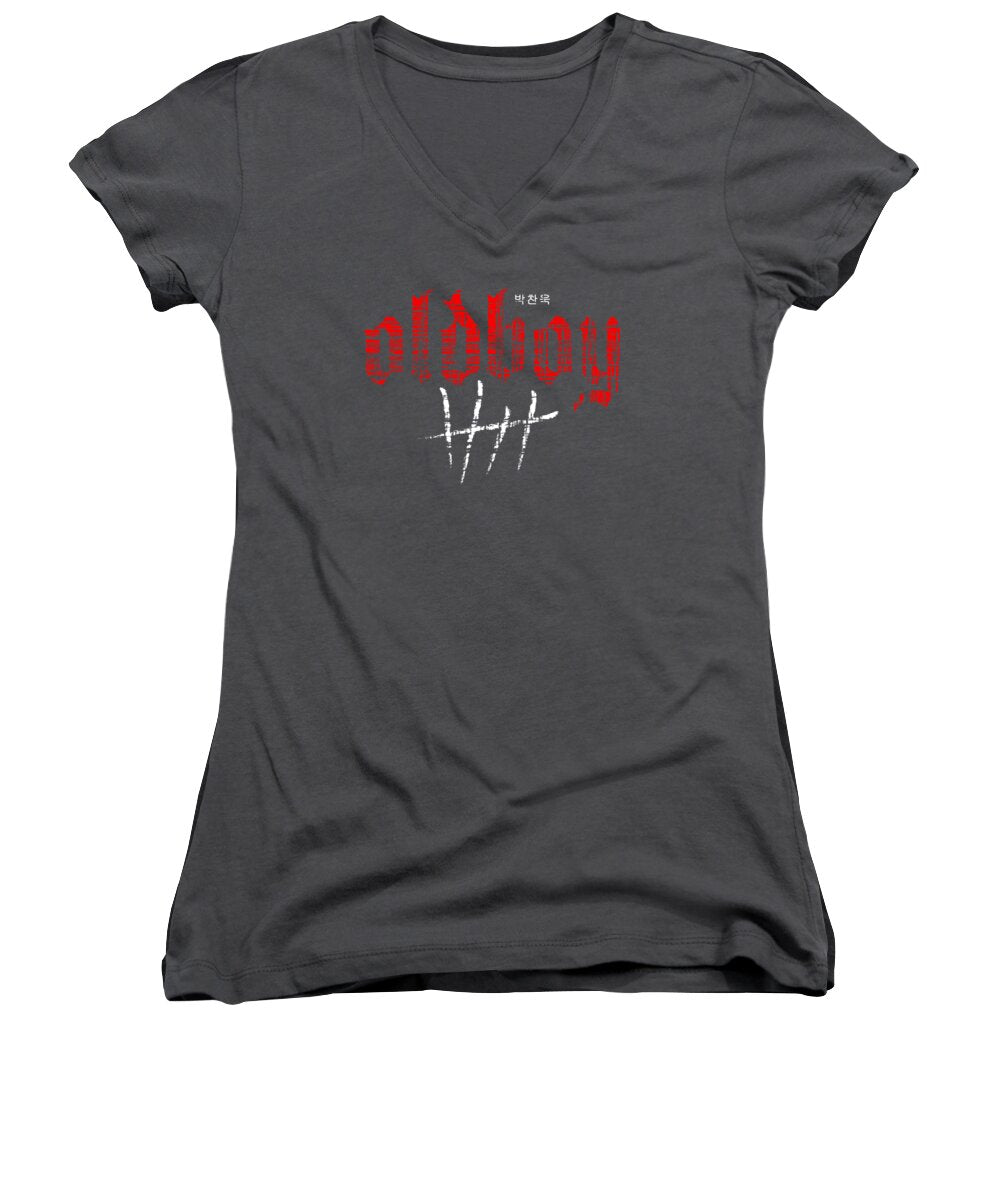 Women's V-neck T-shirt, charcoal gray with red graphic print front