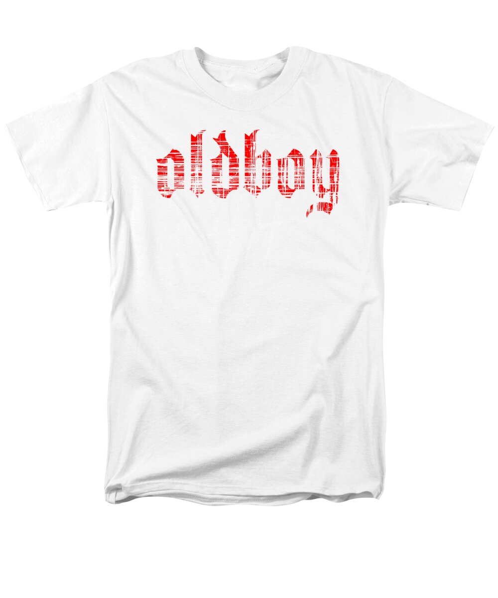 Men's T-shirt, white with red graphic and white cross print at center.
