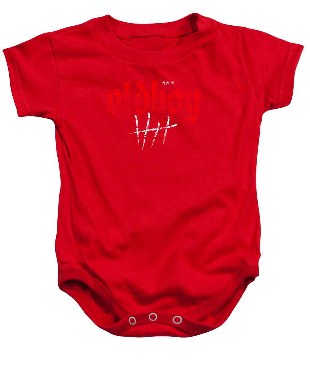 Red baby onesie with front graphic print and snap-button bodysuit closure