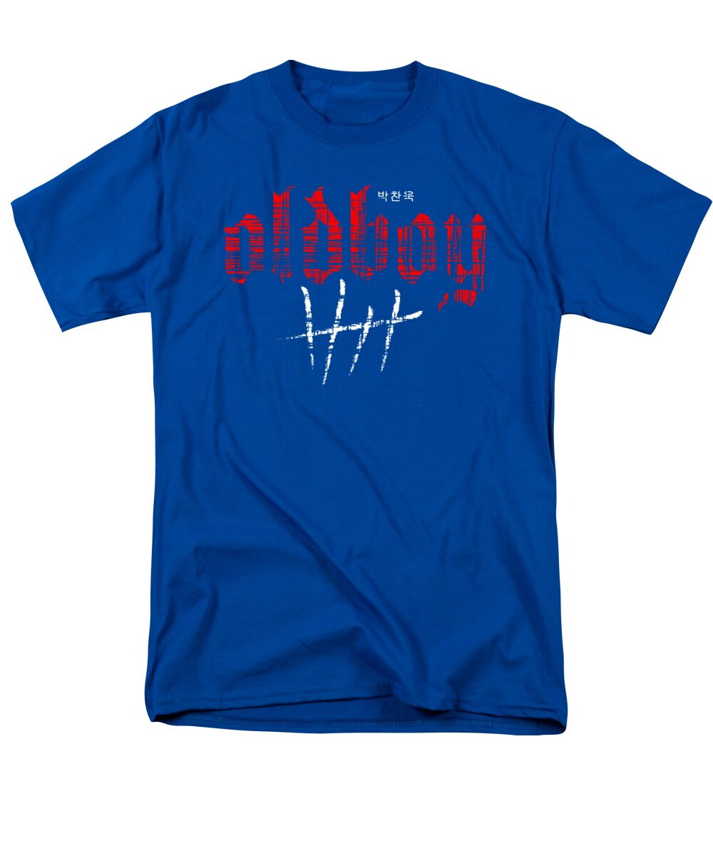 Men's T-shirt, royal blue with red graphic and white cross print at center.