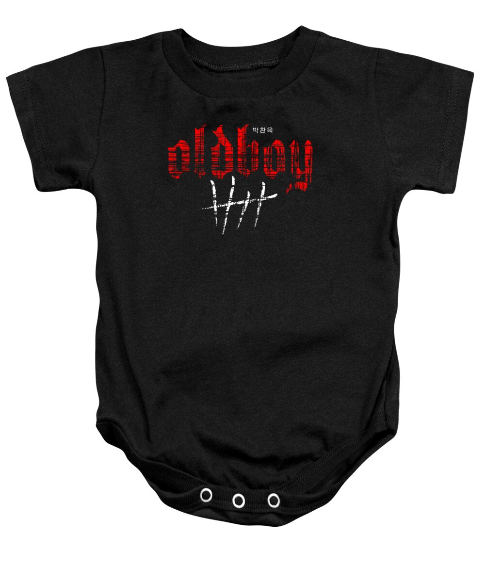 Black baby onesie with front graphic print and snap-button bodysuit closure
