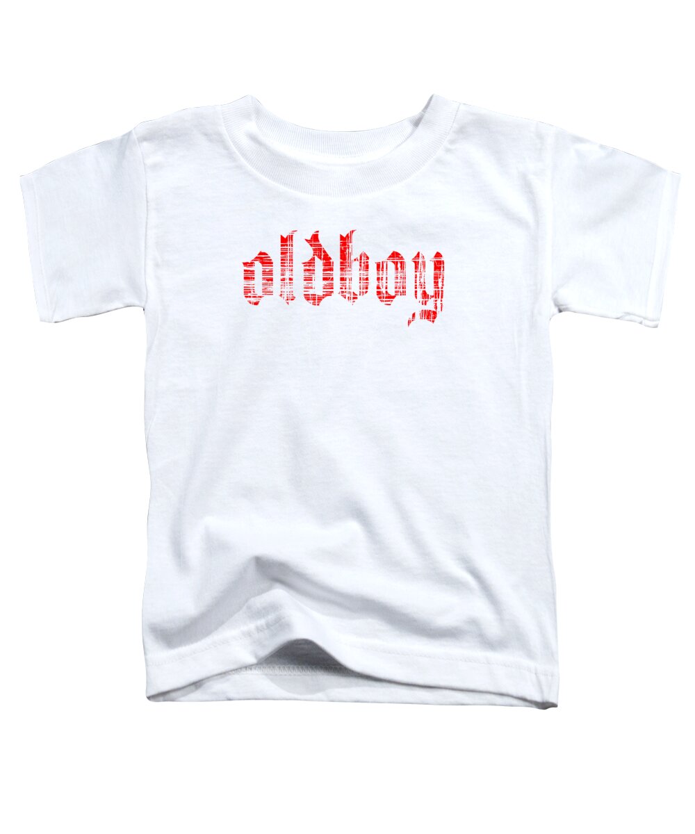 White toddler t-shirt with red Oldboy logo graphic