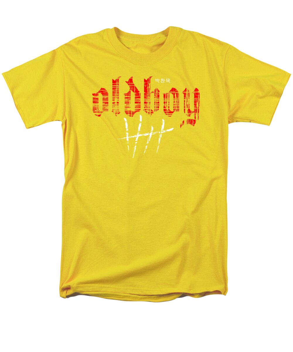 Men's T-shirt, yellow with red graphic and white cross print at center.