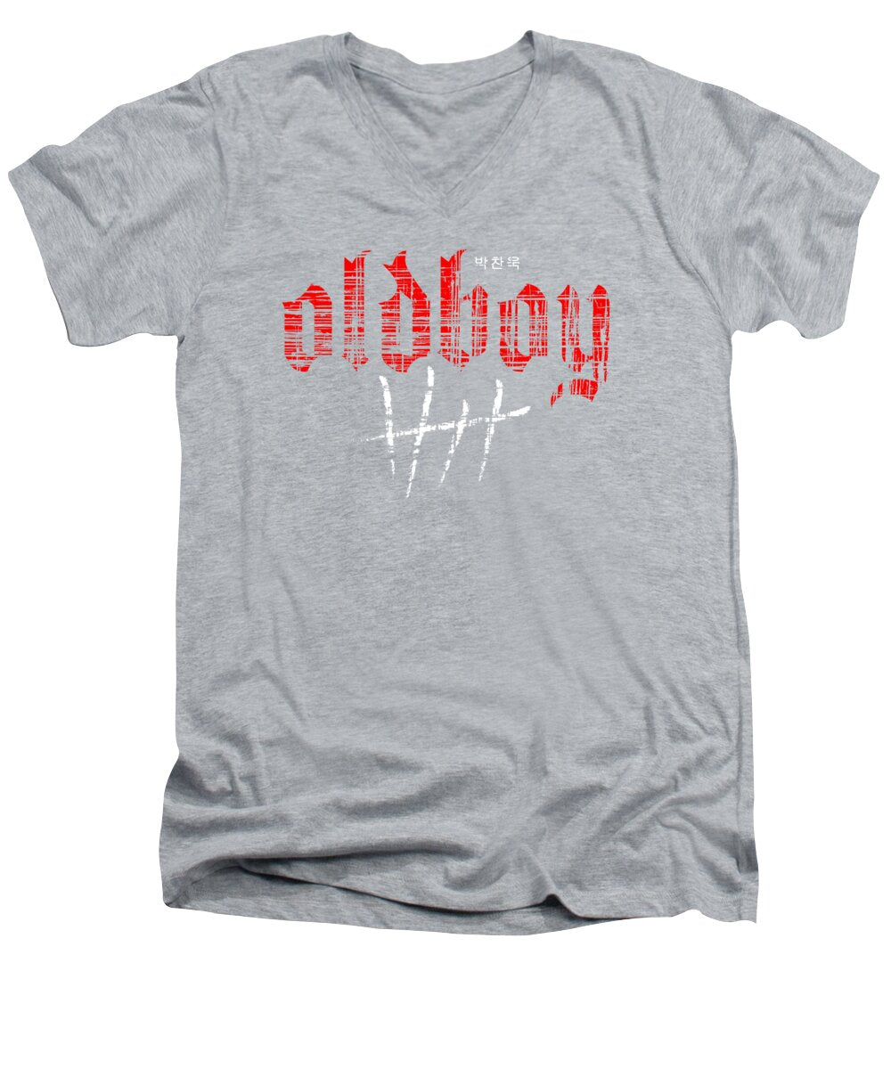 Men's light gray V-neck T-shirt with red Oldboy graphic front