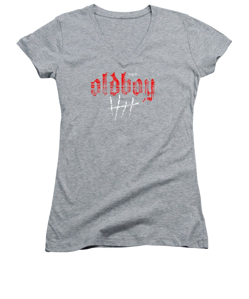 Women's V-neck T-shirt, heather gray with red graphic print front