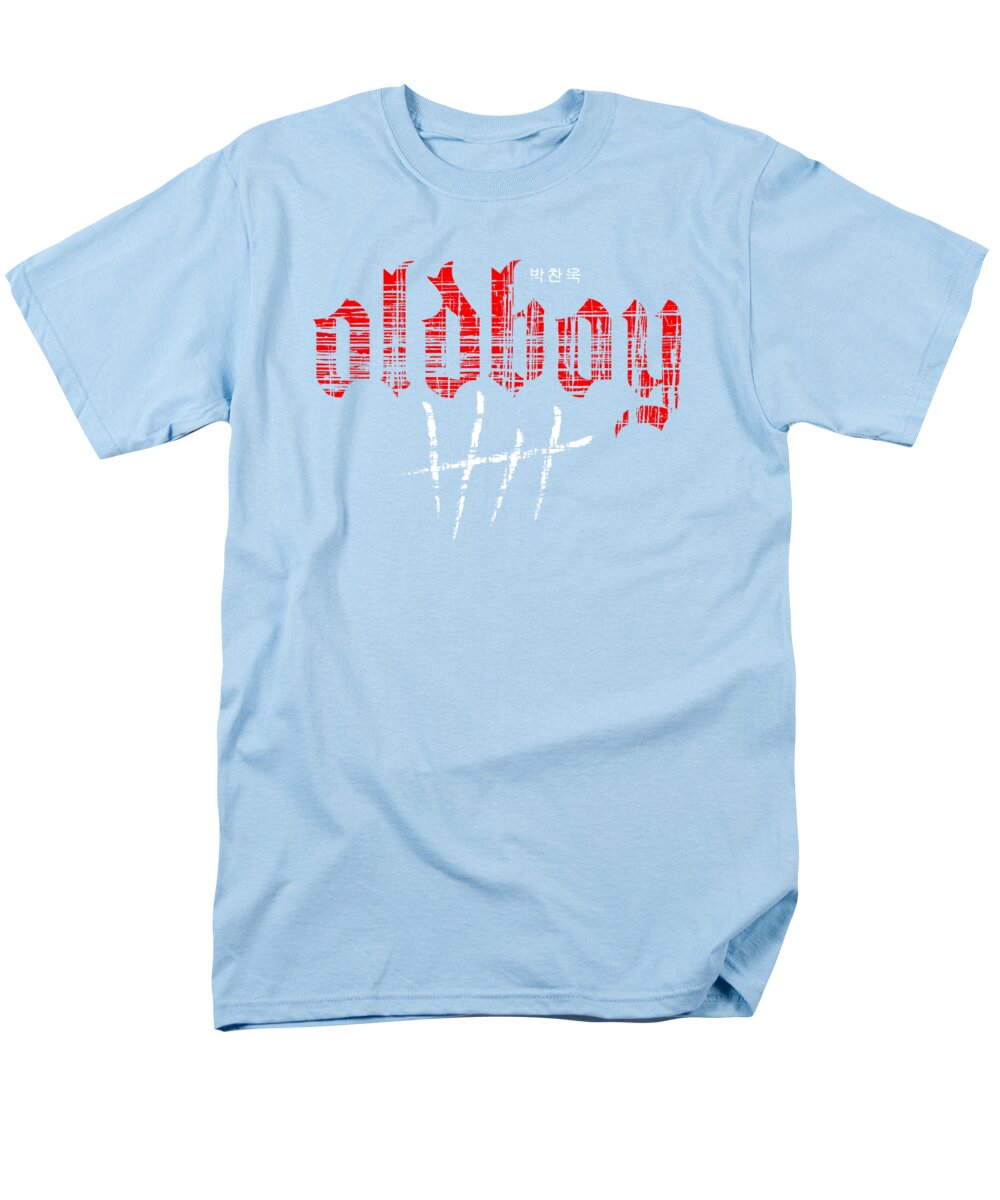 Men's T-shirt, light blue with red graphic and white cross print at center.