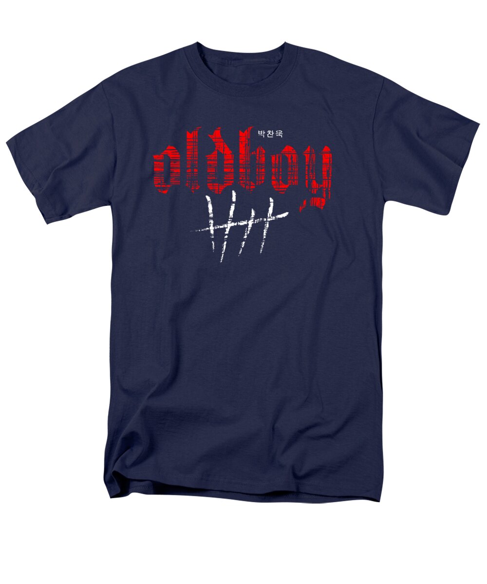 Men's T-shirt, navy blue with red graphic and white cross print at center.