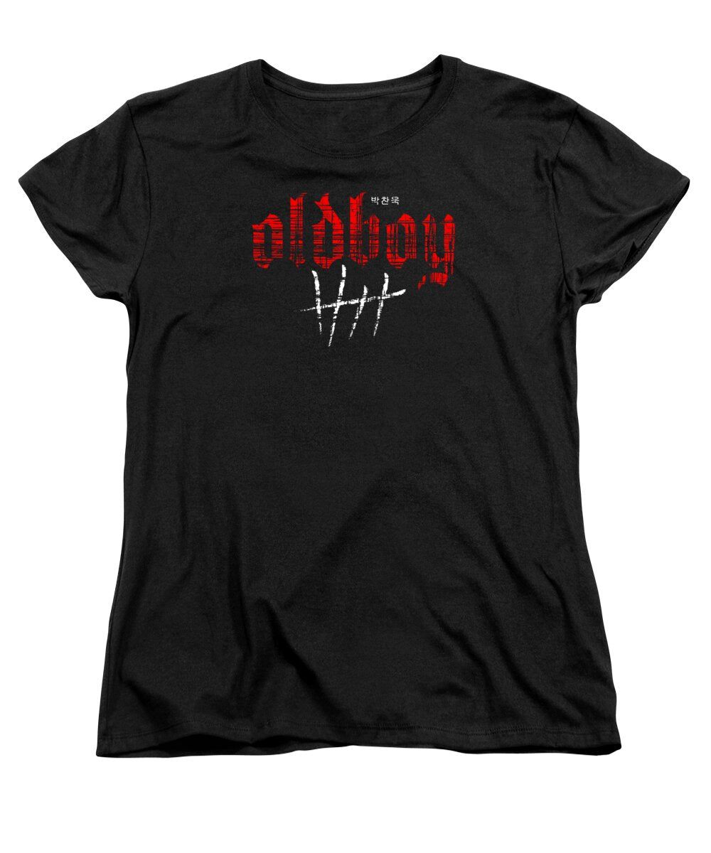 Black women's crew-neck T-shirt with red Oldboy graphic print