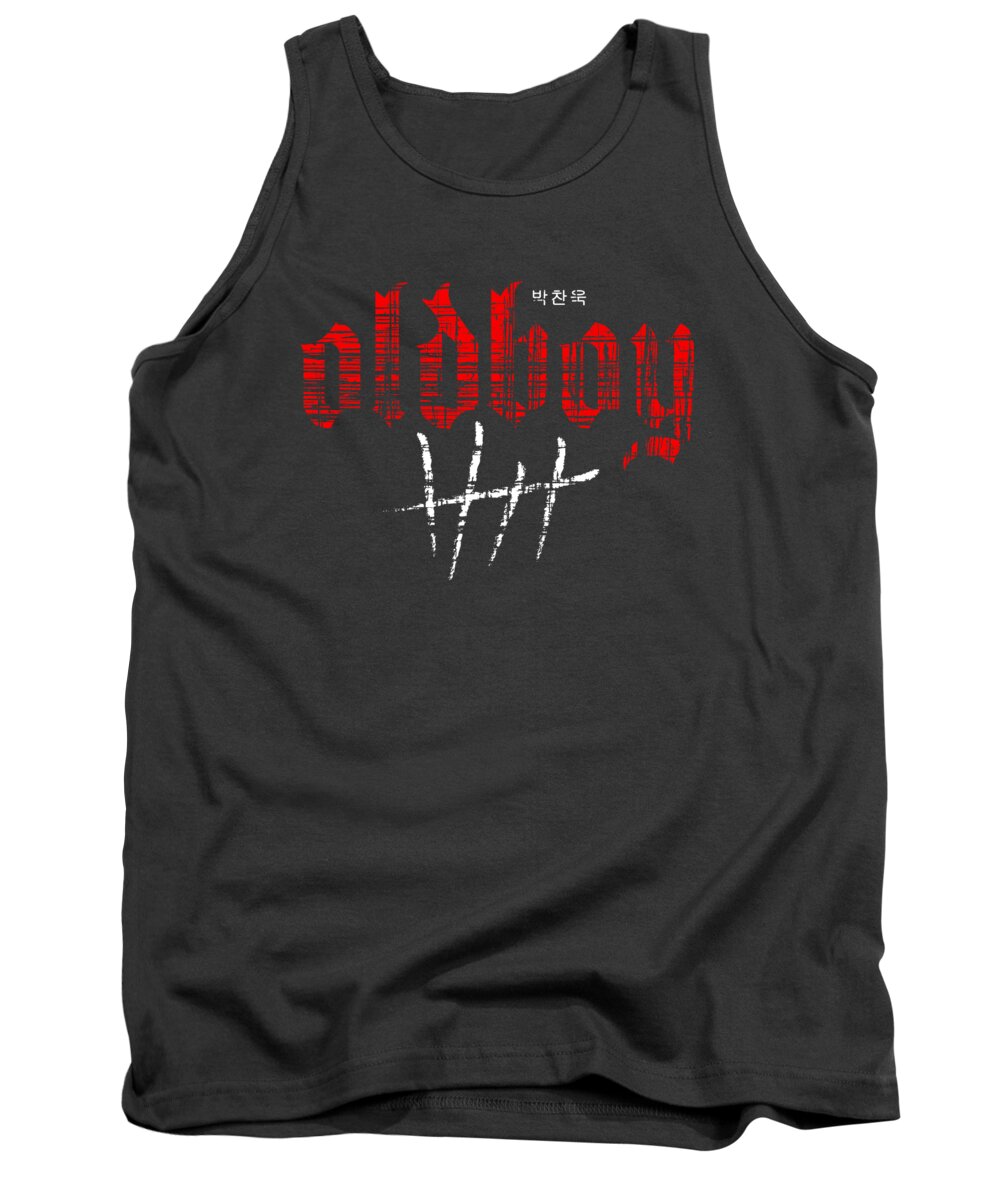 Charcoal tank top with red and white front graphic