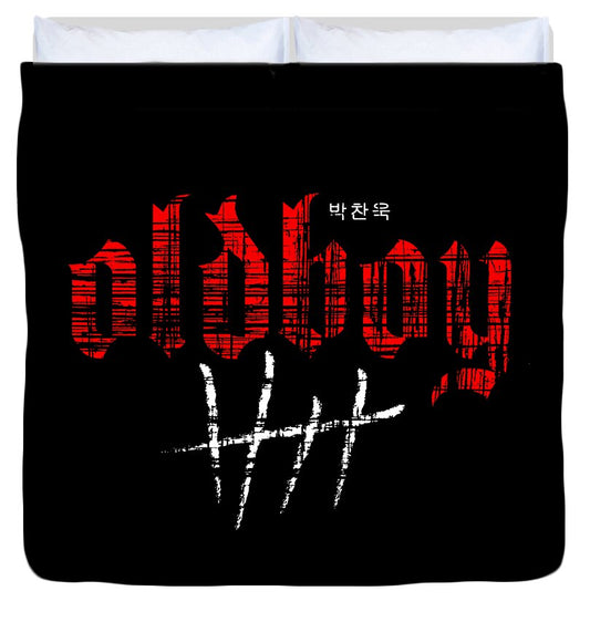Black duvet cover with large red and white typographic graphic and Korean text