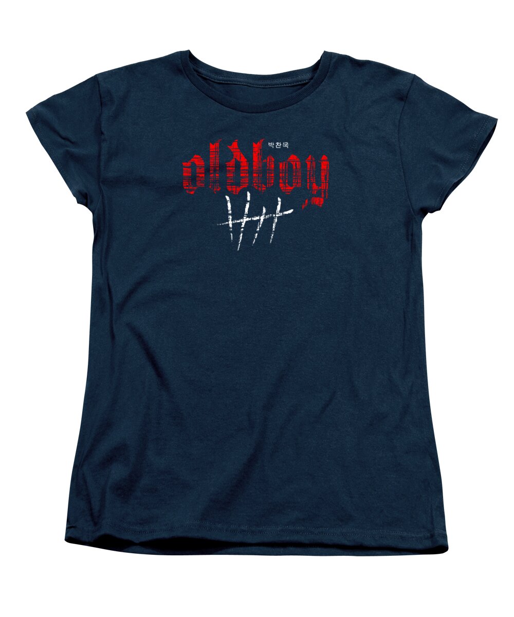 Navy women's crew-neck T-shirt with red Oldboy graphic print