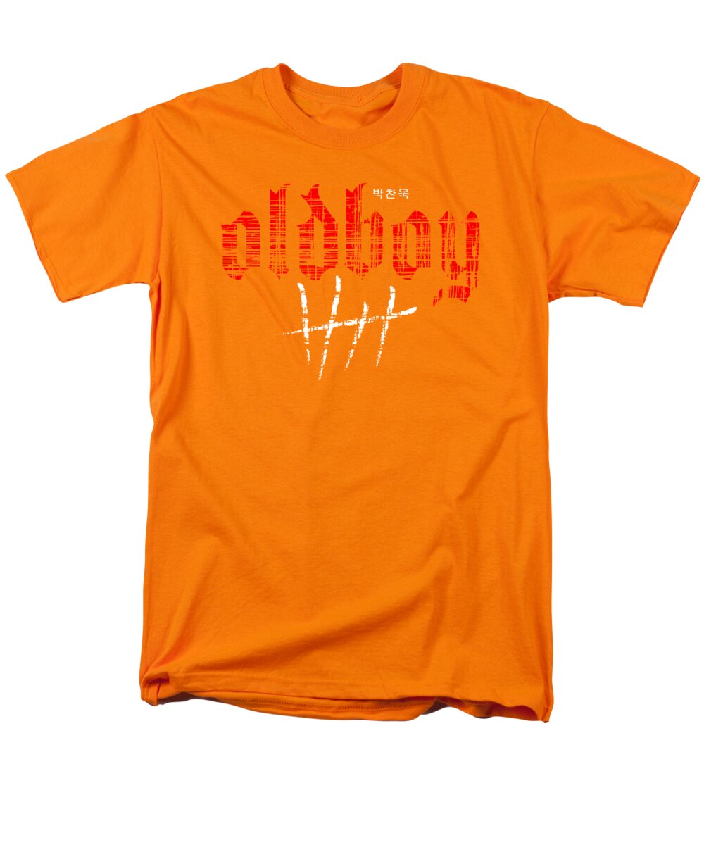 Men's T-shirt, orange with red graphic and white cross print at center.