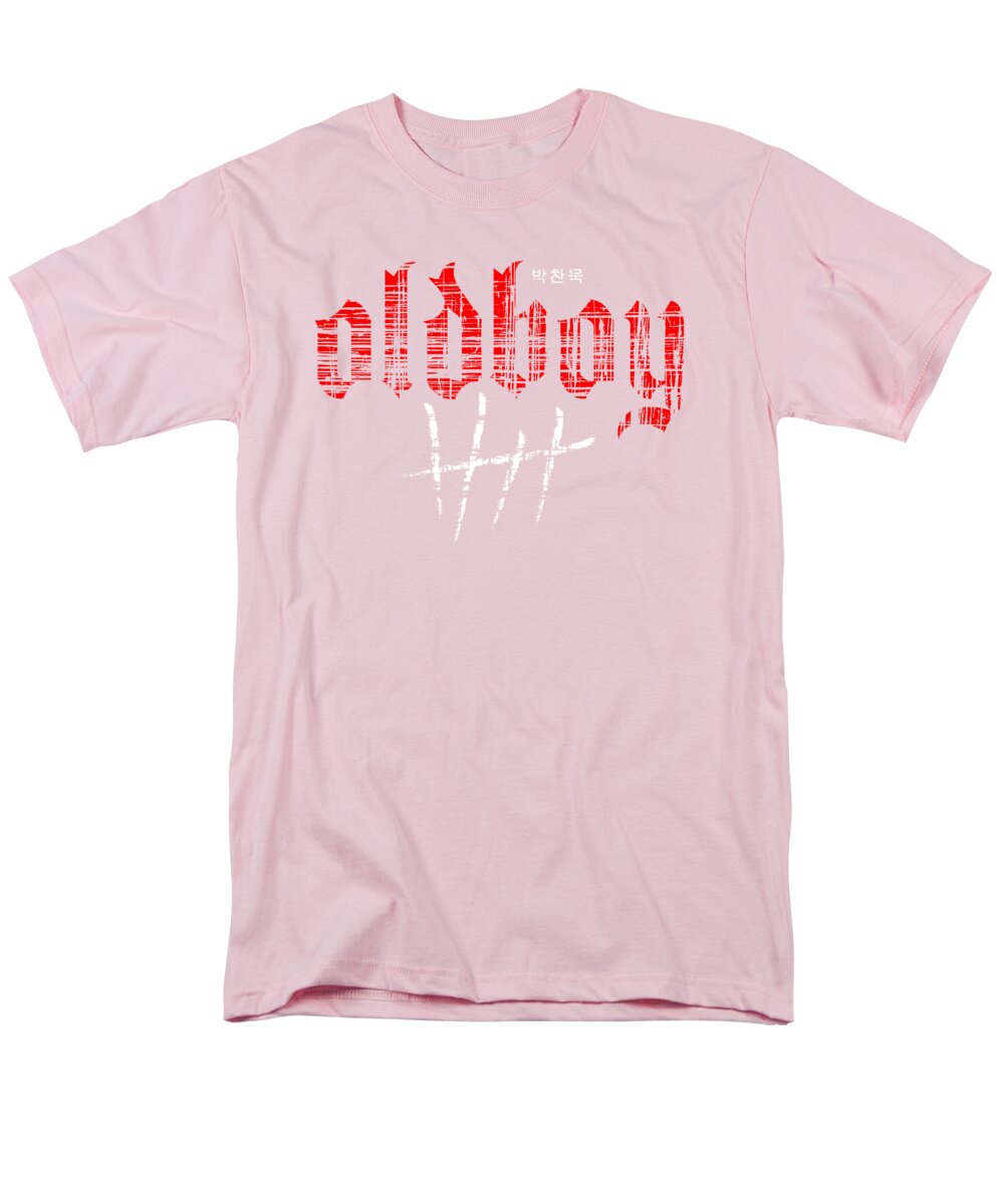 Men's T-shirt, light pink with red graphic and white cross print at center.